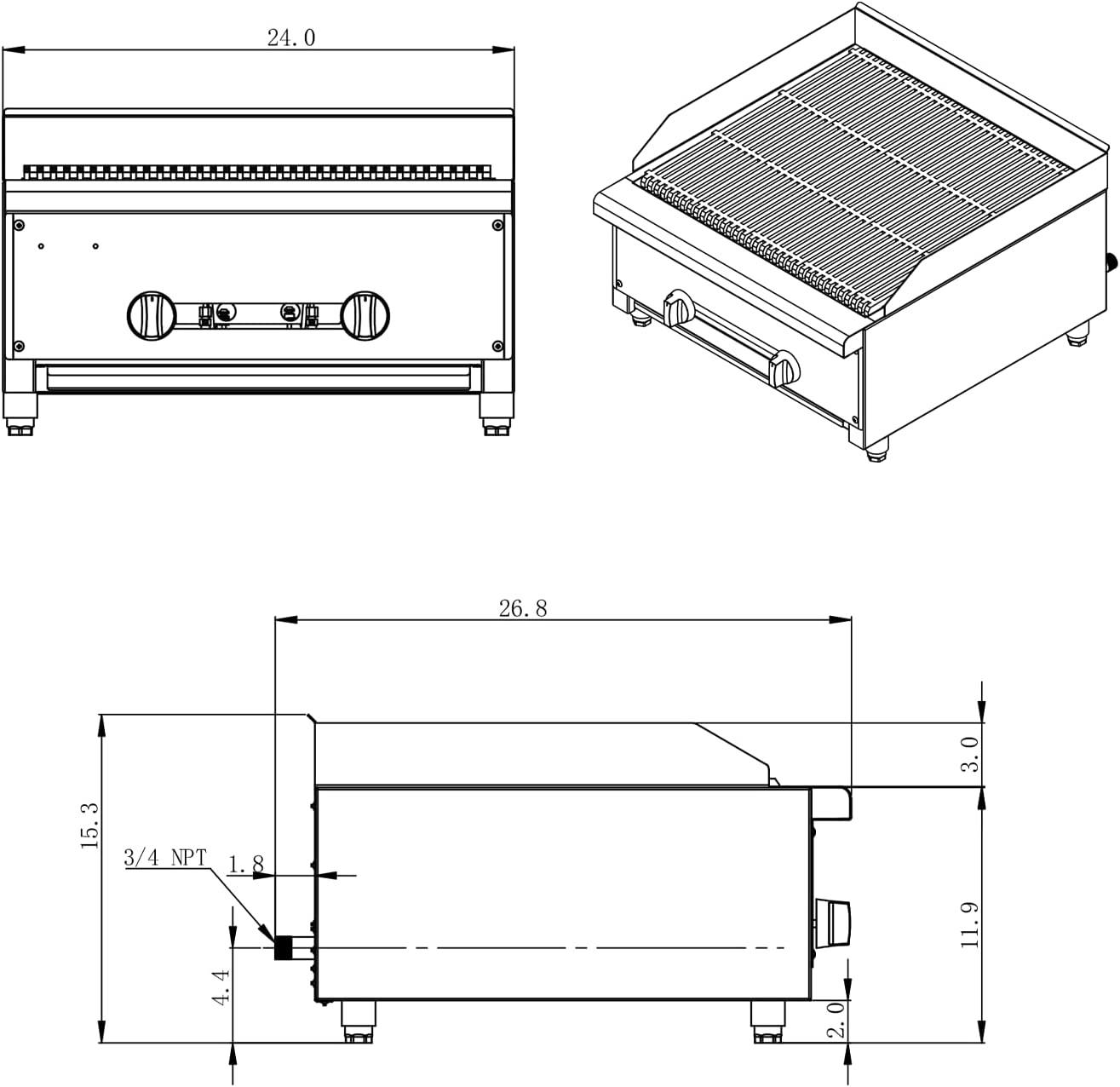 ERUPTA Commercial Stainless steel Charbroilers 24'' Natural/Propane Gas grill with 2 Burners BTU 56,000 Restaurant Equipment